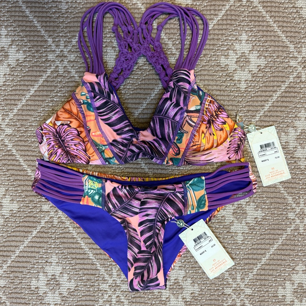 NWT Maaji Purple and Pink Leaf Bikini REVERSIBLE! Size M Juniors Crochet Back